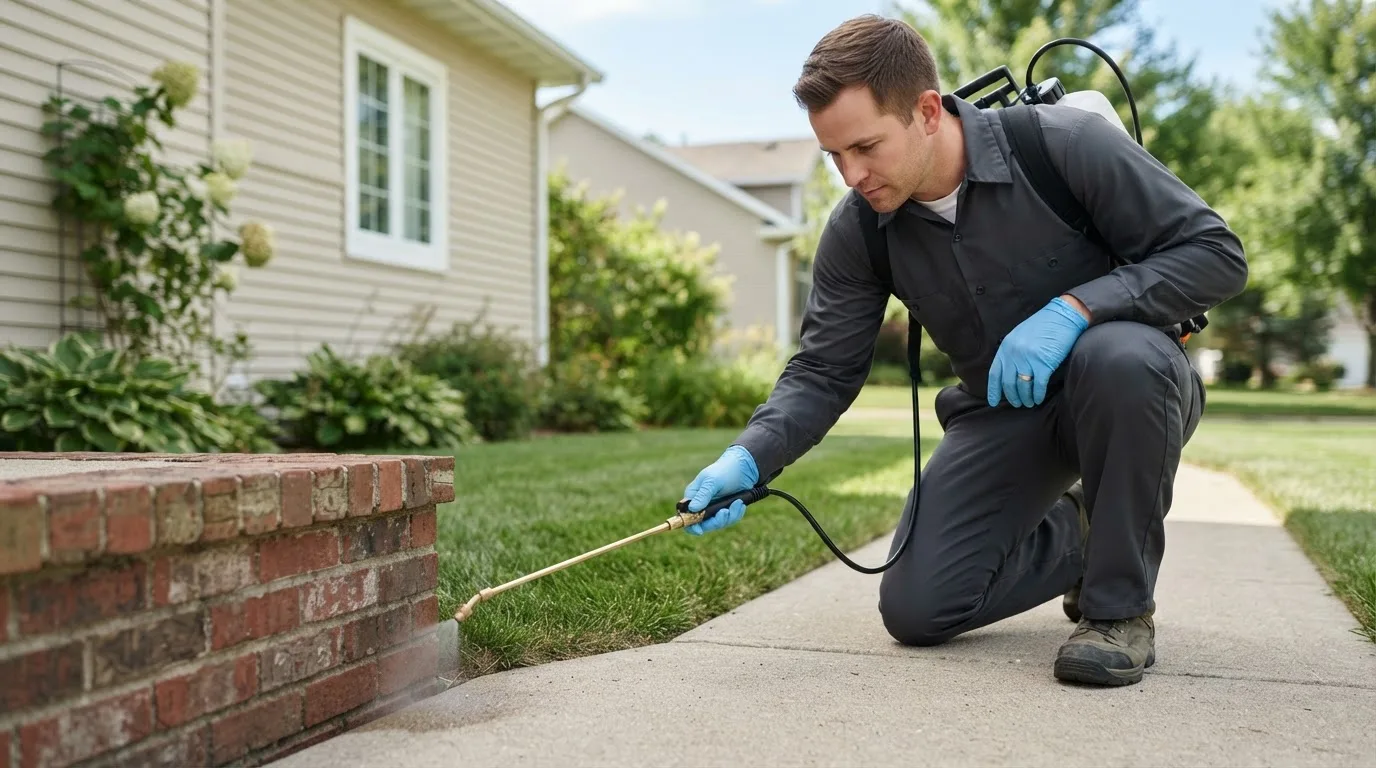 Pest control technician treating a home near Pemberton, OH
