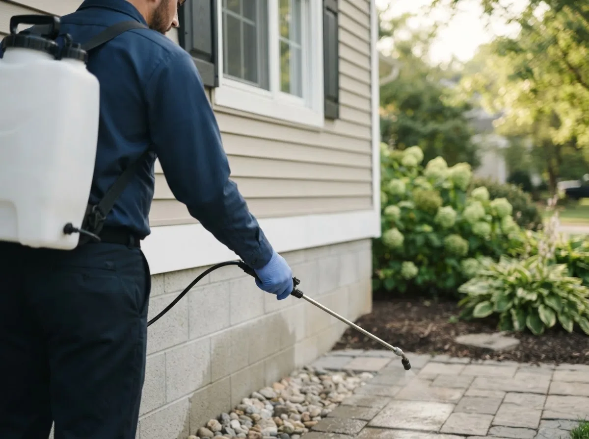 Pest control technician inspecting a home in Pemberton, OH